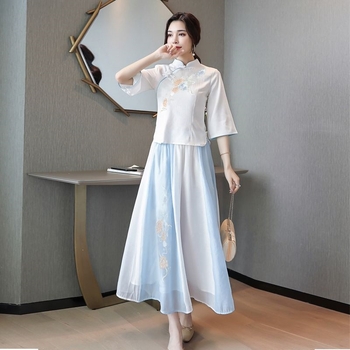 Set Hanfu pentru femei, stil chinezesc cu broderie, două piese, ținută de vară inspirată de Republica Chineză