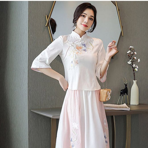 Set Hanfu pentru femei, stil chinezesc cu broderie, două piese, ținută de vară inspirată de Republica Chineză