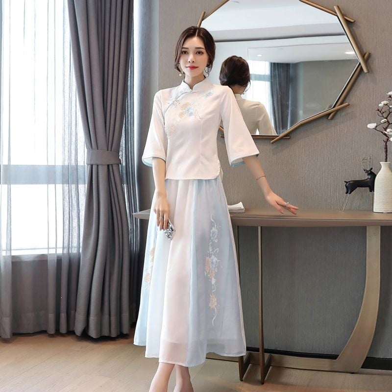 Set Hanfu pentru femei, stil chinezesc cu broderie, două piese, ținută de vară inspirată de Republica Chineză