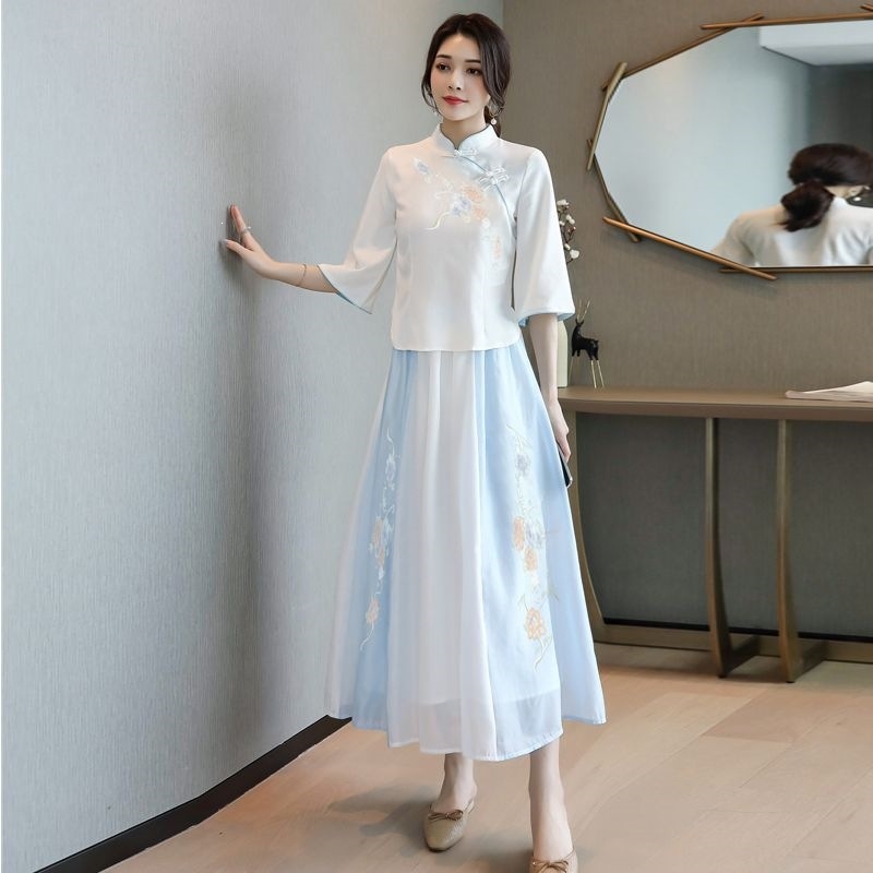 Set Hanfu pentru femei, stil chinezesc cu broderie, două piese, ținută de vară inspirată de Republica Chineză