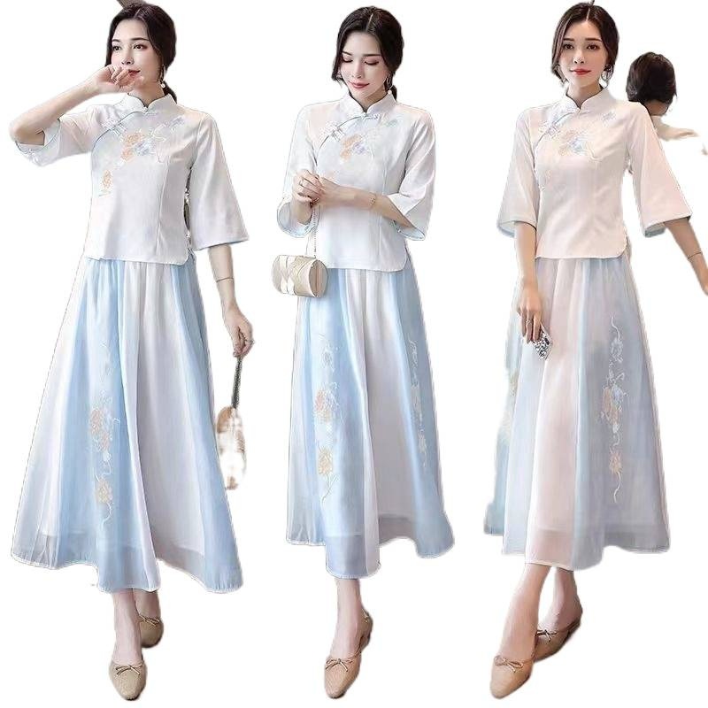 Set Hanfu pentru femei, stil chinezesc cu broderie, două piese, ținută de vară inspirată de Republica Chineză