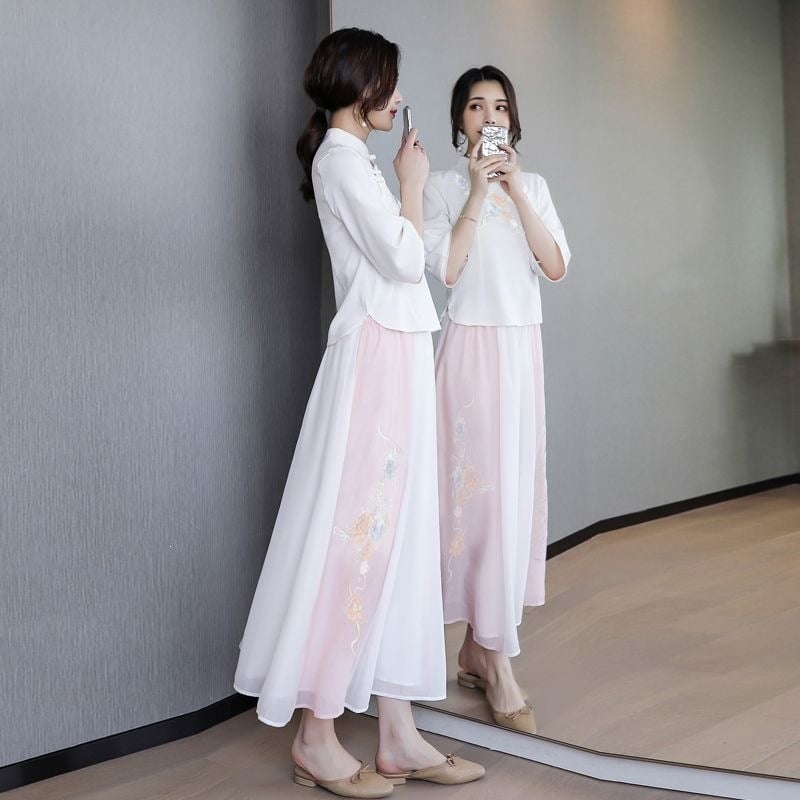 Set Hanfu pentru femei, stil chinezesc cu broderie, două piese, ținută de vară inspirată de Republica Chineză