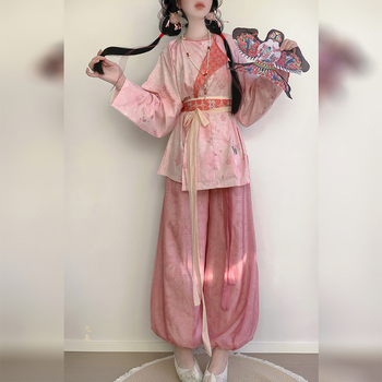 Γυναικείο Hanfu σε στιλ Τανγκ: κοντή ρόμπα με στρογγυλή λαιμόκοψη και lantern παντελόνια – σετ καλοκαιρινής καθημερινής χρήσης
