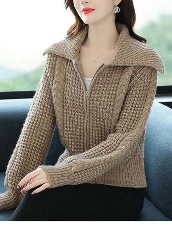 Γυναικείος πλεκτός cardigan με γιακά λαπέλ και φερμουάρ, απαλός και κολακευτικός, ευέλικτο top φθινοπωρο-χειμώνα