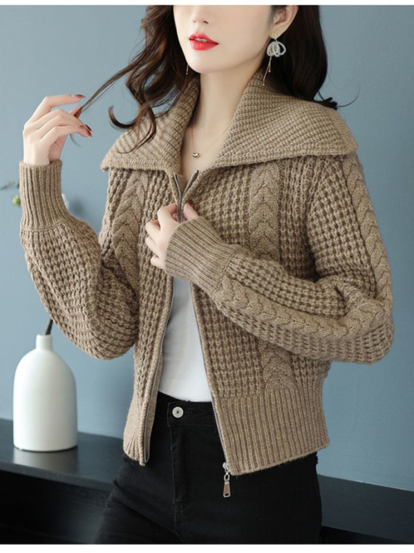 Γυναικείος πλεκτός cardigan με γιακά λαπέλ και φερμουάρ, απαλός και κολακευτικός, ευέλικτο top φθινοπωρο-χειμώνα