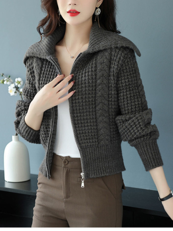 Γυναικείος πλεκτός cardigan με γιακά λαπέλ και φερμουάρ, απαλός και κολακευτικός, ευέλικτο top φθινοπωρο-χειμώνα
