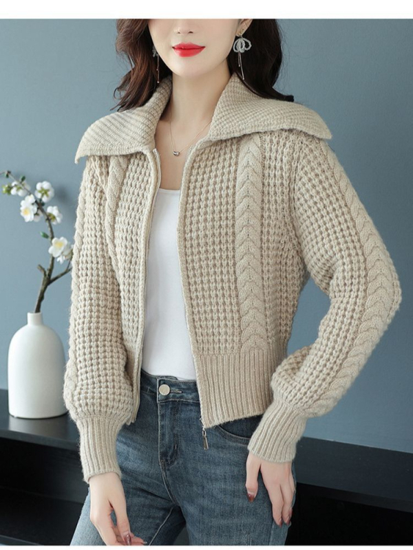 Γυναικείος πλεκτός cardigan με γιακά λαπέλ και φερμουάρ, απαλός και κολακευτικός, ευέλικτο top φθινοπωρο-χειμώνα