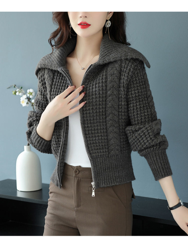 Γυναικείος πλεκτός cardigan με γιακά λαπέλ και φερμουάρ, απαλός και κολακευτικός, ευέλικτο top φθινοπωρο-χειμώνα