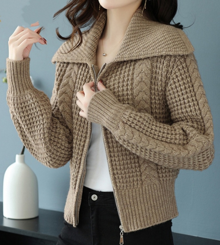 Γυναικείος πλεκτός cardigan με γιακά λαπέλ και φερμουάρ, απαλός και κολακευτικός, ευέλικτο top φθινοπωρο-χειμώνα