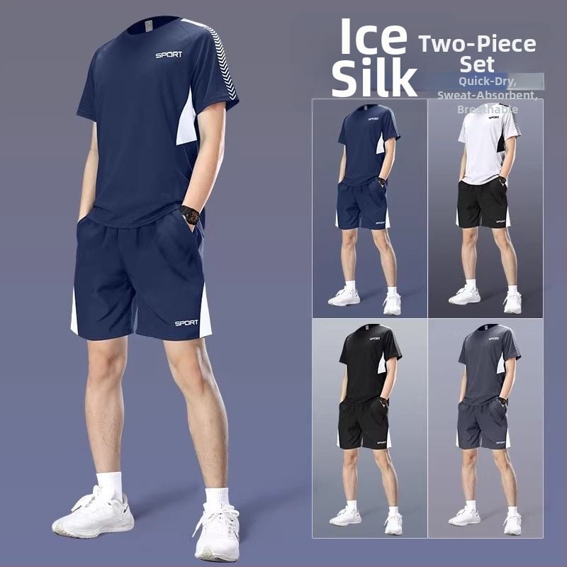 Set sportiv de vară pentru bărbați din Ice Silk, uscare rapidă - tricou cu mânecă scurtă și șorturi de fitness