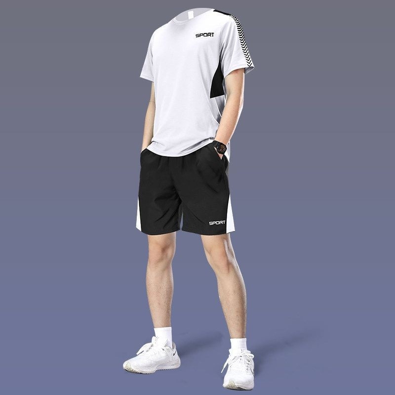 Set sportiv de vară pentru bărbați din Ice Silk, uscare rapidă - tricou cu mânecă scurtă și șorturi de fitness