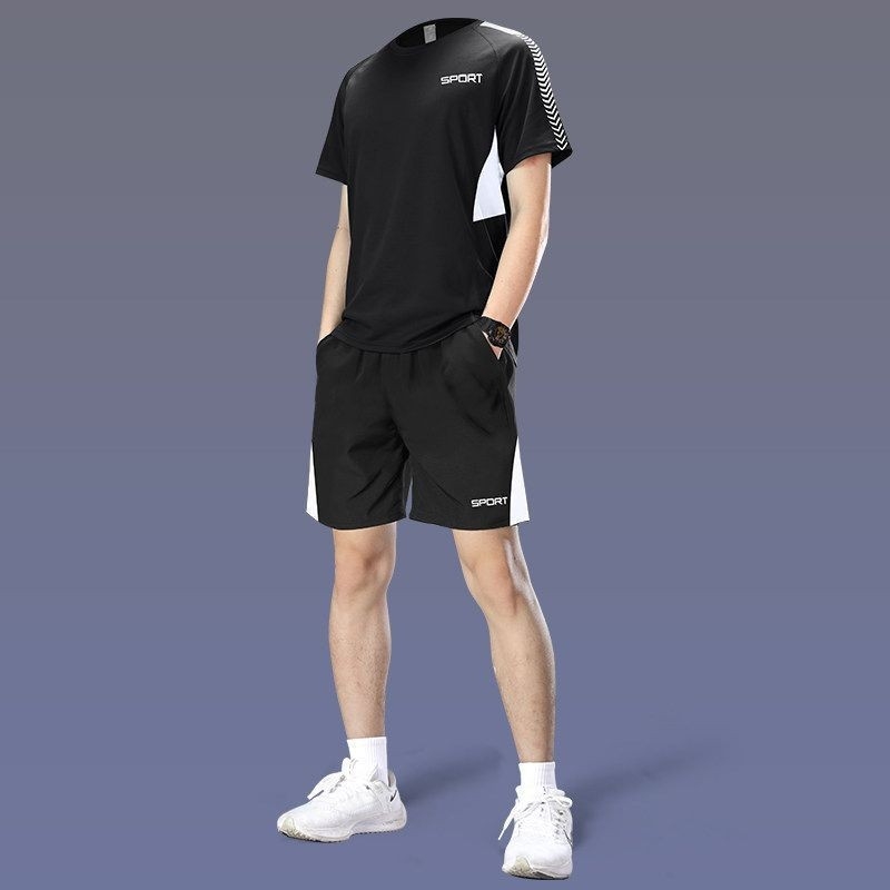 Set sportiv de vară pentru bărbați din Ice Silk, uscare rapidă - tricou cu mânecă scurtă și șorturi de fitness