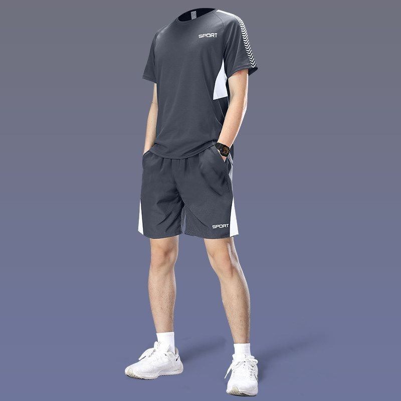 Set sportiv de vară pentru bărbați din Ice Silk, uscare rapidă - tricou cu mânecă scurtă și șorturi de fitness