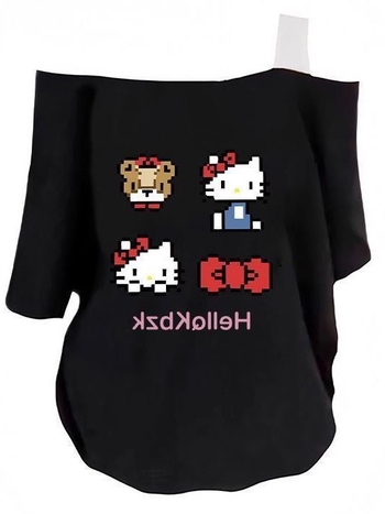 Γυναικεία T‑shirt σε αμερικανικό στυλ, off-shoulder, κοντό μανίκι, καλοκαίρι 2025, άνετη γραμμή, εκτύπωση με χαρακτήρες κινουμένων σχεδίων
