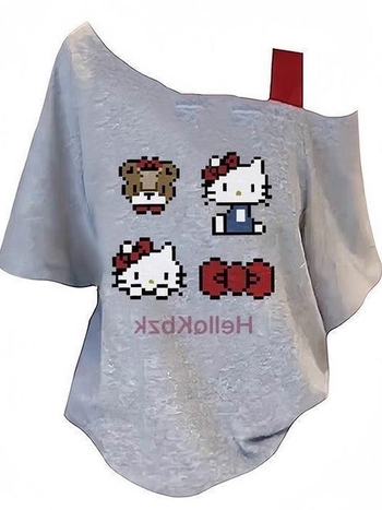 Γυναικεία T‑shirt σε αμερικανικό στυλ, off-shoulder, κοντό μανίκι, καλοκαίρι 2025, άνετη γραμμή, εκτύπωση με χαρακτήρες κινουμένων σχεδίων