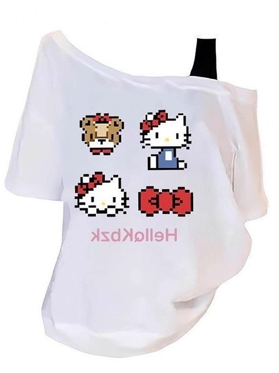 Γυναικεία T‑shirt σε αμερικανικό στυλ, off-shoulder, κοντό μανίκι, καλοκαίρι 2025, άνετη γραμμή, εκτύπωση με χαρακτήρες κινουμένων σχεδίων