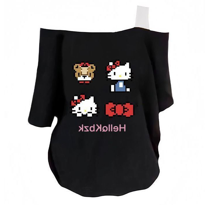 Γυναικεία T‑shirt σε αμερικανικό στυλ, off-shoulder, κοντό μανίκι, καλοκαίρι 2025, άνετη γραμμή, εκτύπωση με χαρακτήρες κινουμένων σχεδίων