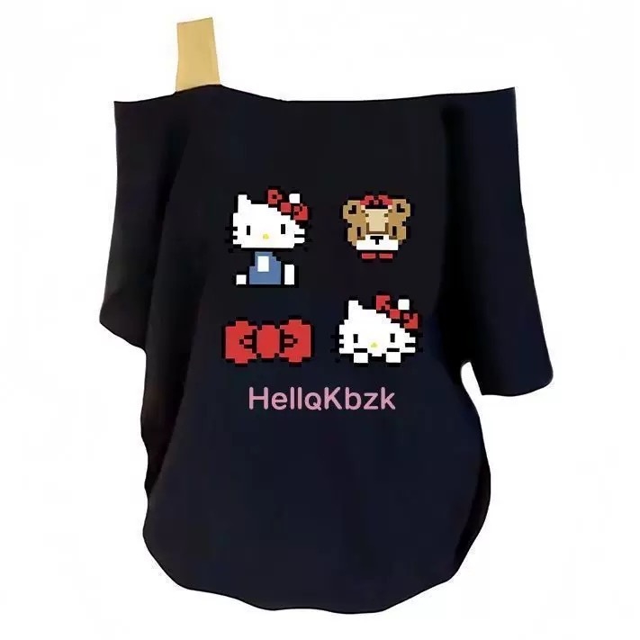 Γυναικεία T‑shirt σε αμερικανικό στυλ, off-shoulder, κοντό μανίκι, καλοκαίρι 2025, άνετη γραμμή, εκτύπωση με χαρακτήρες κινουμένων σχεδίων