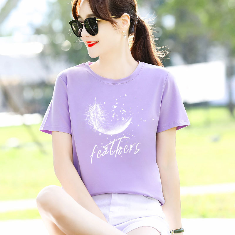 Γυναικείο κοντομάνικο T‑shirt σε ανοιχτό μωβ, άνετη γραμμή, κορεατικό στυλ, καλοκαίρι 2025