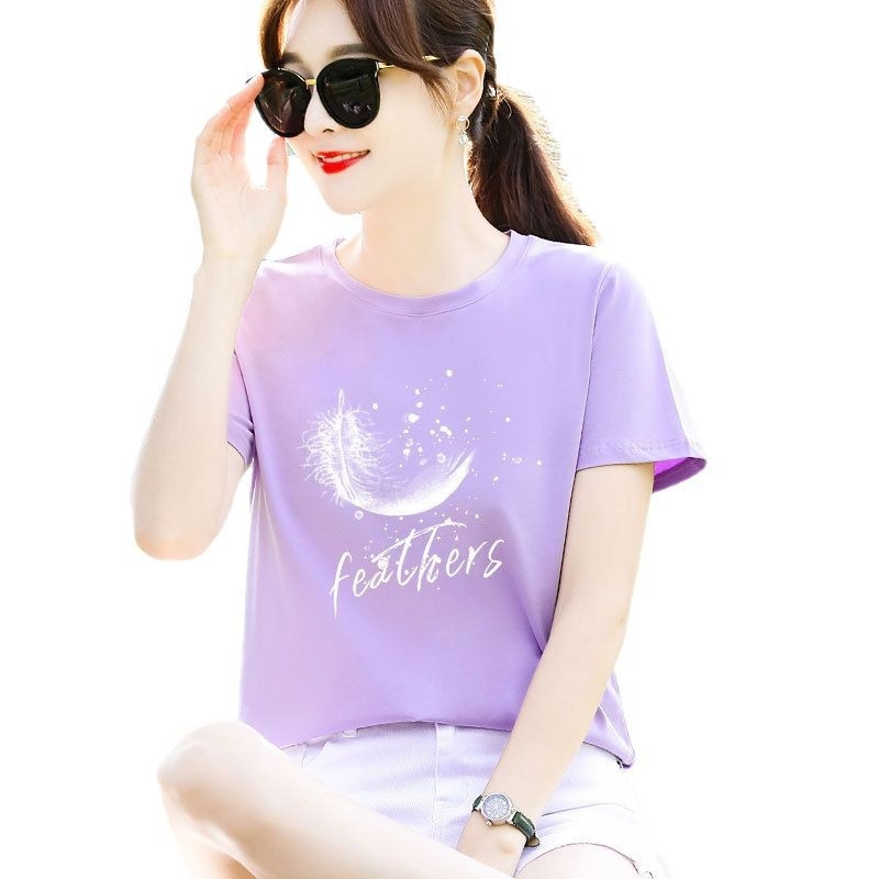 Γυναικείο κοντομάνικο T‑shirt σε ανοιχτό μωβ, άνετη γραμμή, κορεατικό στυλ, καλοκαίρι 2025
