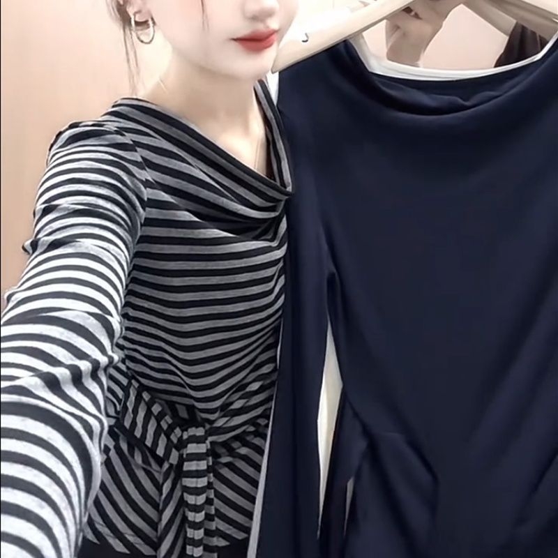 Γυναικεία μακριμάνικη T‑shirt με στρογγυλό λαιμό και δέσιμο, κολακευτική σιλουέτα, Μεγέθη Plus, casual φθινοπωρινό στυλ