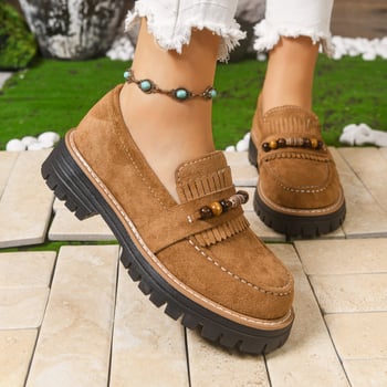 Γυναικείες φθινοπωρινές loafers με χάντρες και φούντες, πολυχρηστικός σχεδιασμός, φαρδιά σόλα, αντιολισθητικά, άνετα slip-on παπούτσια