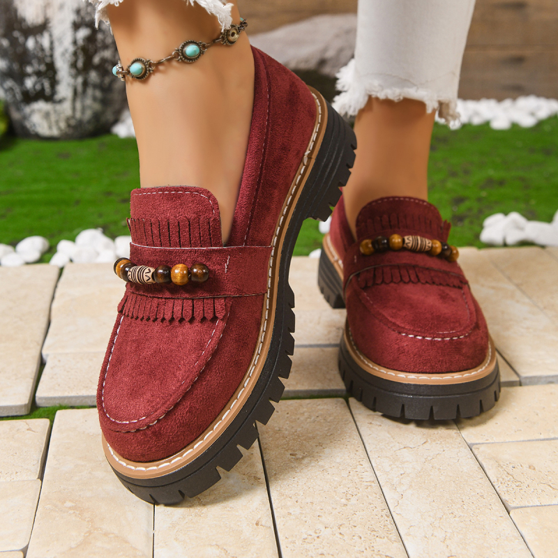Γυναικείες φθινοπωρινές loafers με χάντρες και φούντες, πολυχρηστικός σχεδιασμός, φαρδιά σόλα, αντιολισθητικά, άνετα slip-on παπούτσια