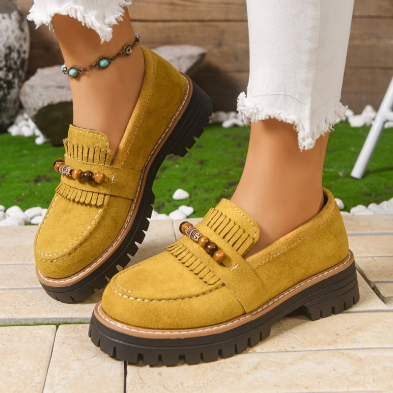 Γυναικείες φθινοπωρινές loafers με χάντρες και φούντες, πολυχρηστικός σχεδιασμός, φαρδιά σόλα, αντιολισθητικά, άνετα slip-on παπούτσια