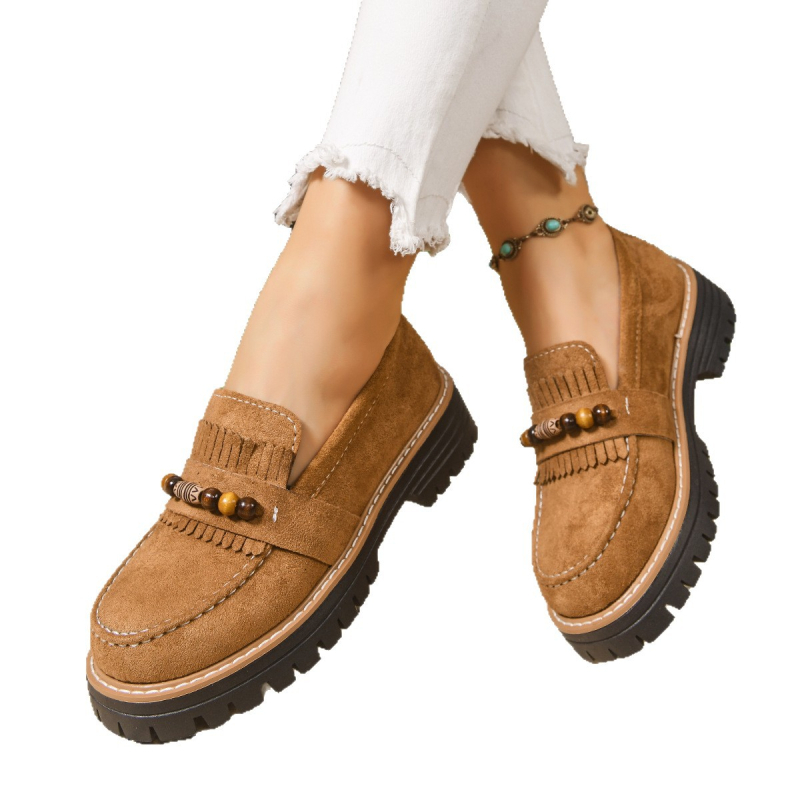 Γυναικείες φθινοπωρινές loafers με χάντρες και φούντες, πολυχρηστικός σχεδιασμός, φαρδιά σόλα, αντιολισθητικά, άνετα slip-on παπούτσια