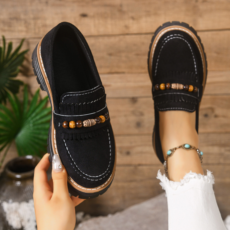 Γυναικείες φθινοπωρινές loafers με χάντρες και φούντες, πολυχρηστικός σχεδιασμός, φαρδιά σόλα, αντιολισθητικά, άνετα slip-on παπούτσια