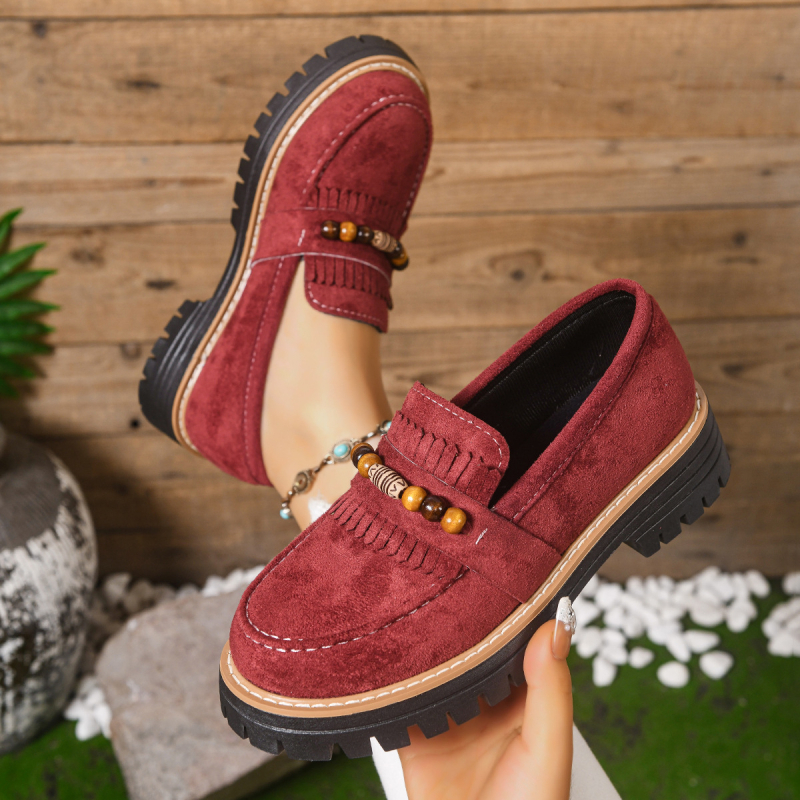 Γυναικείες φθινοπωρινές loafers με χάντρες και φούντες, πολυχρηστικός σχεδιασμός, φαρδιά σόλα, αντιολισθητικά, άνετα slip-on παπούτσια