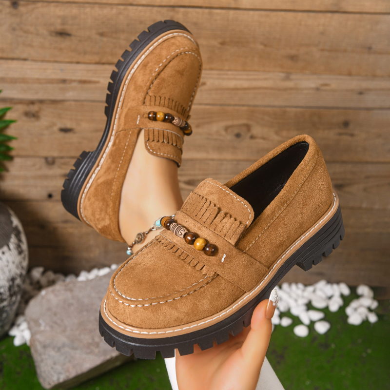 Γυναικείες φθινοπωρινές loafers με χάντρες και φούντες, πολυχρηστικός σχεδιασμός, φαρδιά σόλα, αντιολισθητικά, άνετα slip-on παπούτσια