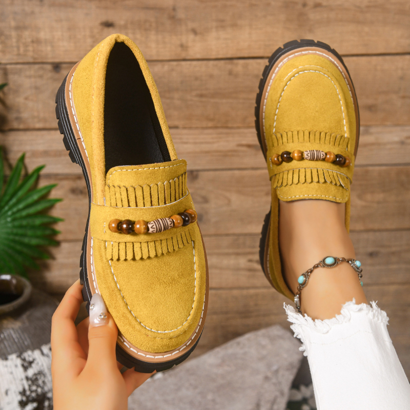 Γυναικείες φθινοπωρινές loafers με χάντρες και φούντες, πολυχρηστικός σχεδιασμός, φαρδιά σόλα, αντιολισθητικά, άνετα slip-on παπούτσια