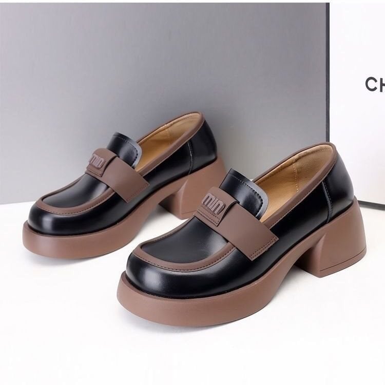 Женски кожени лофери в британски стил, slip-on, с меки подметки и дебела подметка