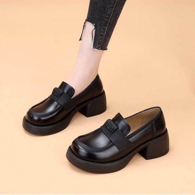 Женски кожени лофери в британски стил, slip-on, с меки подметки и дебела подметка