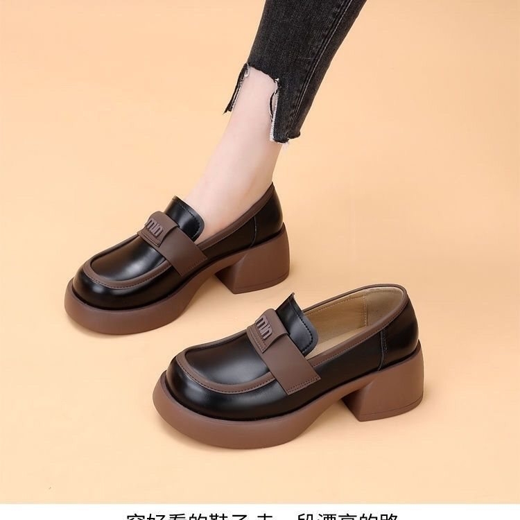 Женски кожени лофери в британски стил, slip-on, с меки подметки и дебела подметка