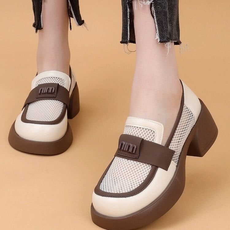 Женски кожени лофери в британски стил, slip-on, с меки подметки и дебела подметка
