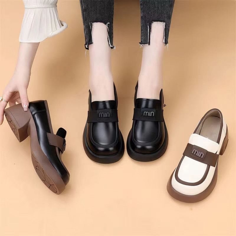 Женски кожени лофери в британски стил, slip-on, с меки подметки и дебела подметка