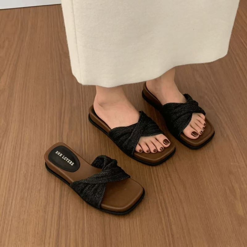 Γυναικείες σανδάλια με 4 cm φαρδιά σόλα, πλεκτό από ψάθα, καλοκαιρινό σχέδιο, γαλλικό ρετρό στυλ, slip-on