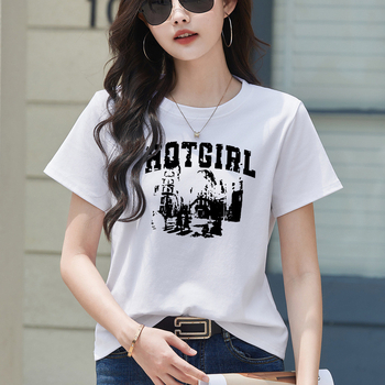 Μαύρο γυναικείο T-shirt από βαμβάκι με κοντά μανίκια, φαρδιά γραμμή, στρογγυλός λαιμός, εκτύπωση με γράμματα, καλοκαίρι, κομψό επαγγελματικό στυλ