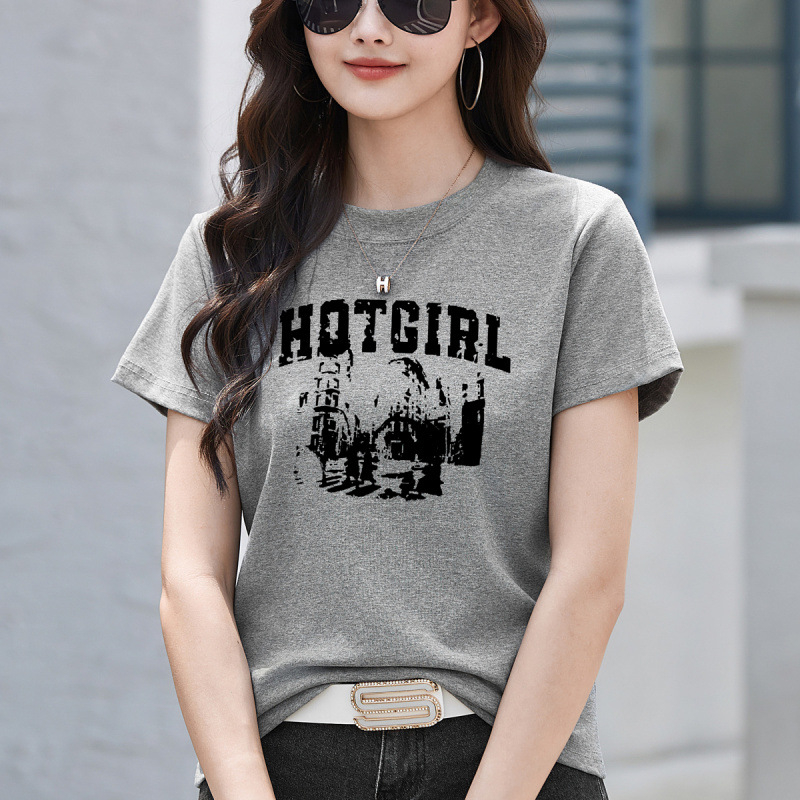 Μαύρο γυναικείο T-shirt από βαμβάκι με κοντά μανίκια, φαρδιά γραμμή, στρογγυλός λαιμός, εκτύπωση με γράμματα, καλοκαίρι, κομψό επαγγελματικό στυλ