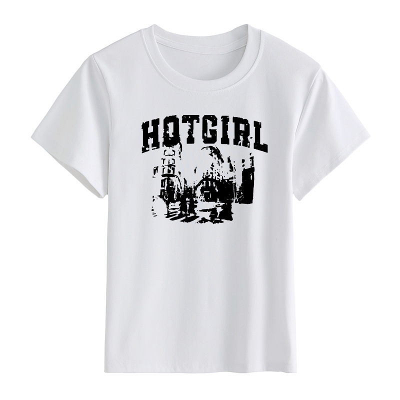 Μαύρο γυναικείο T-shirt από βαμβάκι με κοντά μανίκια, φαρδιά γραμμή, στρογγυλός λαιμός, εκτύπωση με γράμματα, καλοκαίρι, κομψό επαγγελματικό στυλ