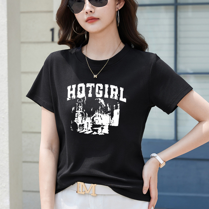 Μαύρο γυναικείο T-shirt από βαμβάκι με κοντά μανίκια, φαρδιά γραμμή, στρογγυλός λαιμός, εκτύπωση με γράμματα, καλοκαίρι, κομψό επαγγελματικό στυλ