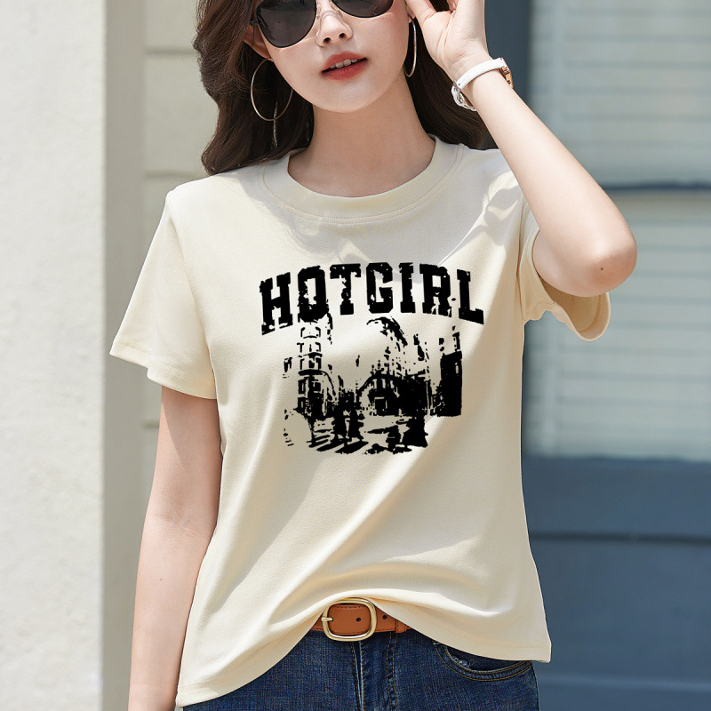 Μαύρο γυναικείο T-shirt από βαμβάκι με κοντά μανίκια, φαρδιά γραμμή, στρογγυλός λαιμός, εκτύπωση με γράμματα, καλοκαίρι, κομψό επαγγελματικό στυλ