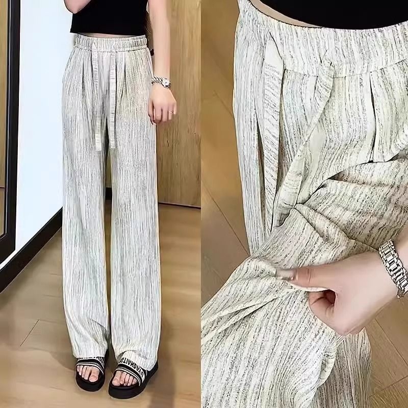 Γυναικείες παντελόνες με φαρδιά πόδια από Ice Silk, ψηλή μέση, κορδόνι, υφή, καθημερινό στυλ