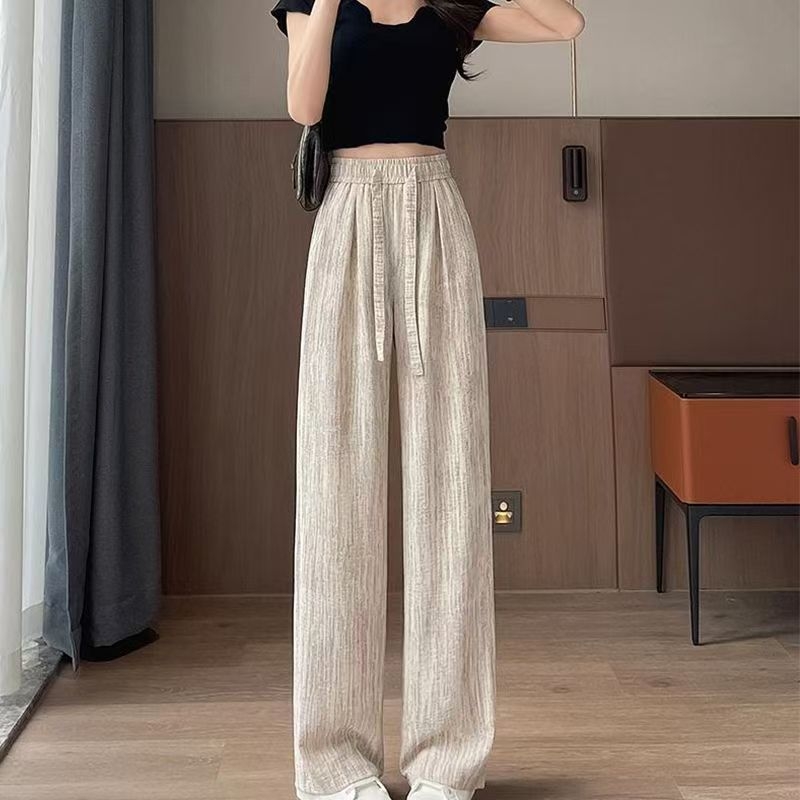 Γυναικείες παντελόνες με φαρδιά πόδια από Ice Silk, ψηλή μέση, κορδόνι, υφή, καθημερινό στυλ