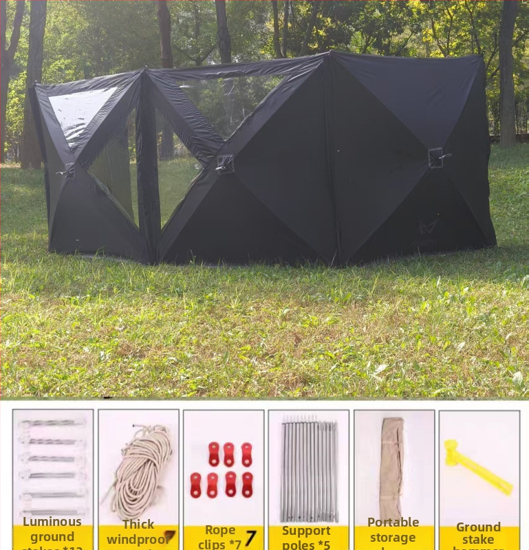 Prenosná vonkajšia čelná clona na kempovanie a pikniky s priehľadným okienkom — 5,6 m × 1,4 m
