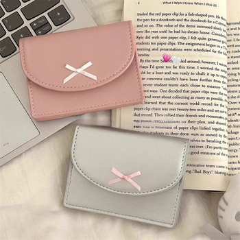 Κορεατικό στιλ, γλυκό φορητό θήκη καρτών και θήκη για κέρματα, PU δέρμα, μονόχρωμο, συμπαγές σχέδιο, διακοσμητικό φιόγκο