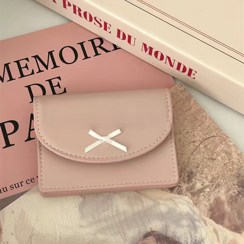 Κορεατικό στιλ, γλυκό φορητό θήκη καρτών και θήκη για κέρματα, PU δέρμα, μονόχρωμο, συμπαγές σχέδιο, διακοσμητικό φιόγκο