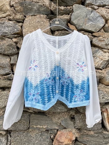 Μπλούζα από σιφόν με tie-dye και κέντημα, μακριά μανίκια, V-λαιμό, UV προστασία, ελαφρύ στυλ cardigan